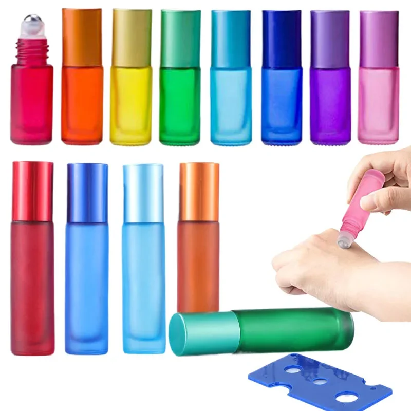 

10Pcs 5ml/10ml Portable Frosted Glass Essential Oil Roller Bottles W/ Opener Funnels MIni Travel Vials For Aromatherapy Perfume