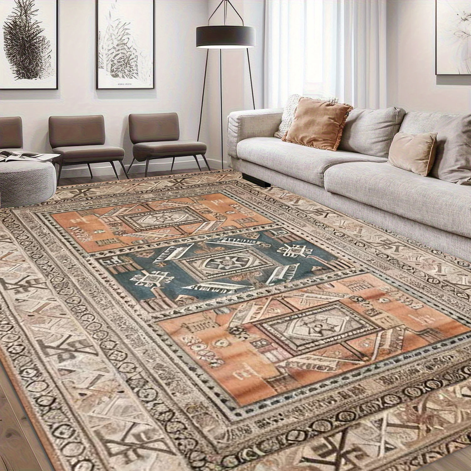 Boho Tribal Geometric Area Rug Vintage Distressed Carpet Non-Slip Floor Mat For Living Room Bedroom Home Decor