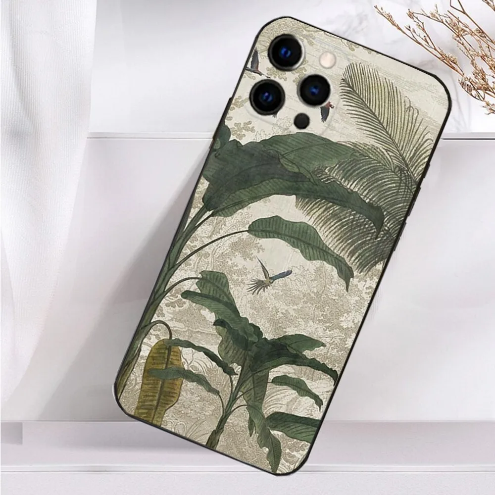 Custodia per telefono botanica con pittura artistica per iPhone 16,15,14,13,12,11 Plus,Pro Max, XS, X, XR, SE, Mini, 8,7 Cover morbida in silicone nero