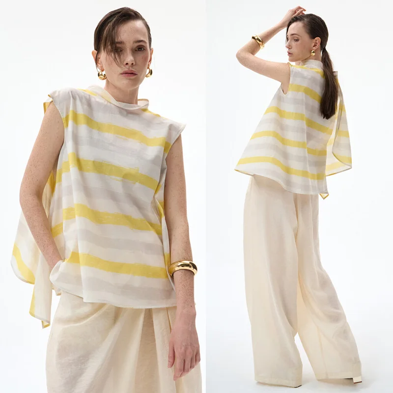 

MICOAT Deconstructed High Space Sensation Summer irt Women's Loose Svel f oulder Baring Collar Stand-Up Top