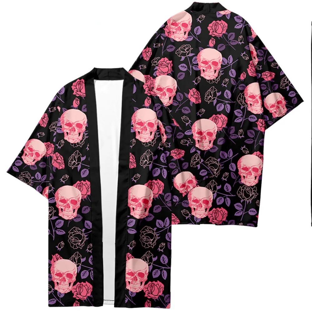 

Women and Men Japanese Traditional Skull Pattern Long Kimono Retro Cardigan Samurai Bathrobes Kimono Shirt Yukata Chic Jacket