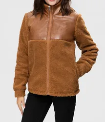 FASHIONSPARK Women's Polar Teddy Fleece Jacket PU Leather Patchwork Coat Long Sleeve Full Zippper Outerwear Casual Niche Jacket