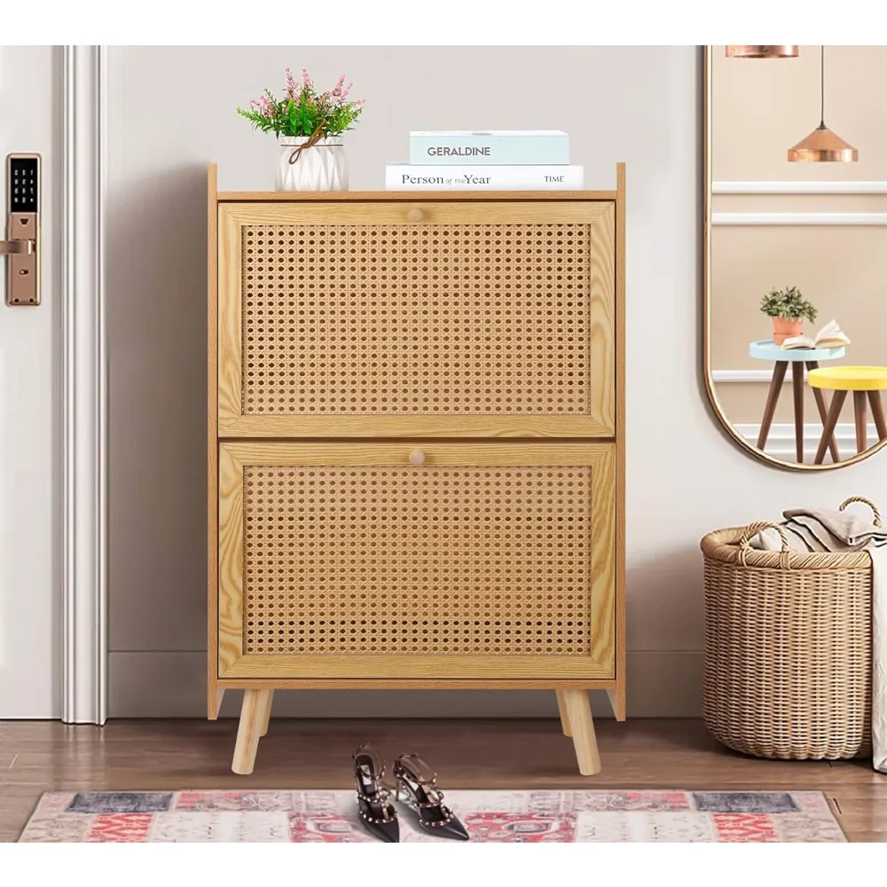 

Free Standing Shoe Racks for Entryway, Wooden Shoe Rack for Door 2 Flip Drawers Rattan Shoe Organizer