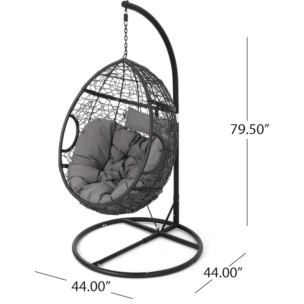 Camping Chair Outdoor Black Wicker Hanging Basket Chair With Grey Water Resistant Cushions and Black Iron Base Recliner Fishing