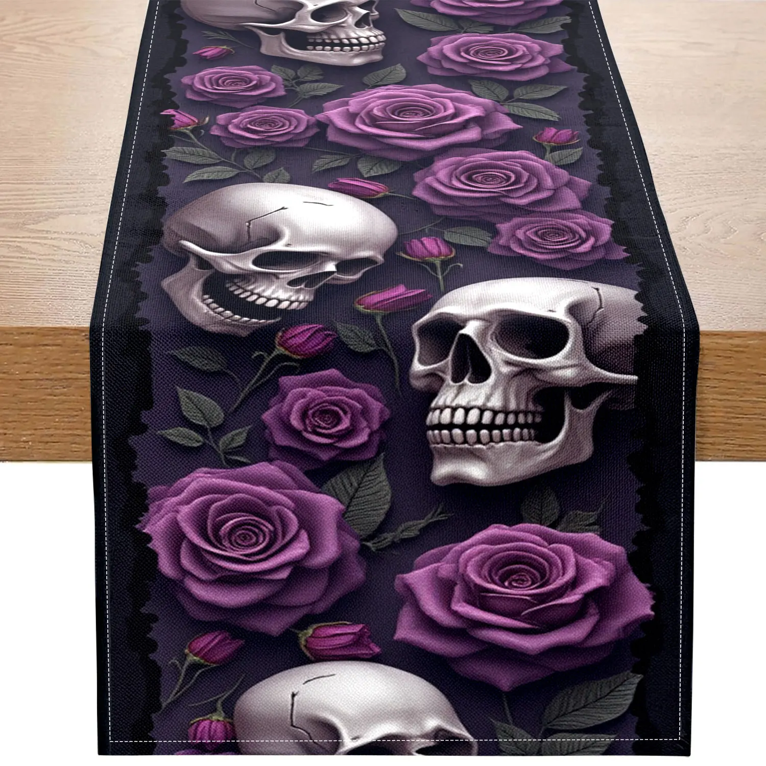 1 Piece of Dark Gothic Style Table Runner, Decorated with Purple Roses, Skull Heads, and Branch Leaf Patterns, Suitable for Halloween Parties and Gothic Themed Decorations