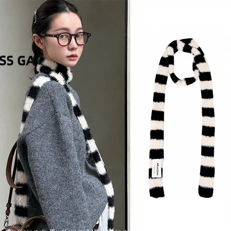 

Korean Style INS Striped Plush Scarf Women's Winter Premium Feeling Color Collision Long Scarf Thin and Narrow Knit Neckerchief