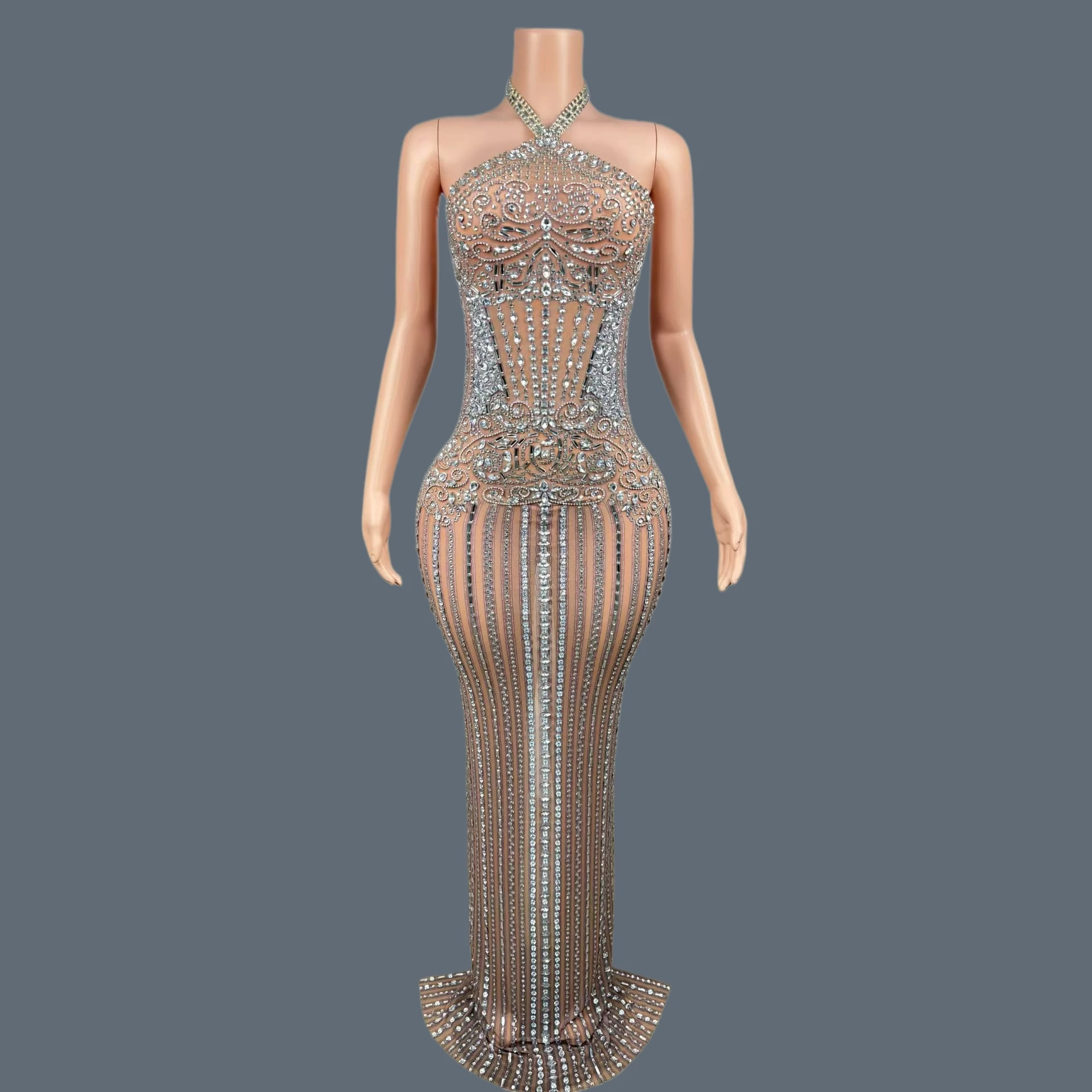 

High-end Women Outfit Transparent Mesh Evening Gown Gala Prom Red Carpet Elegant Long Formal Sparkly Crystals Sexy Dress Chaoxi