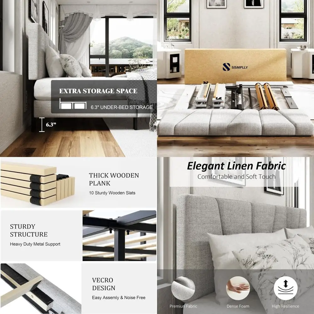 

Светло-серая льняная кровать-платформа размера Queen с деревянными ламелями, бесшумная, не требует пружинного блока, простая сборка