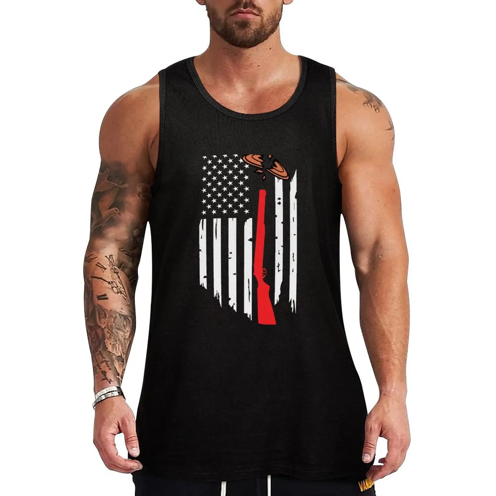 

Skeet Trap Clay Shotgun Shooting USA Flag Tank Top Top summer sleeveless shirts muscle t-shirt