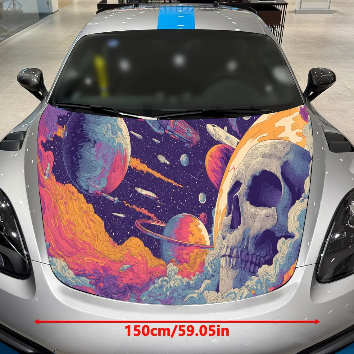 Sci - Fi Skull Car Hood Art, Retro Rocket and Planets Car Hood Decoration for Space Enthusiasts, Auto Cover Sticker, Waterproof