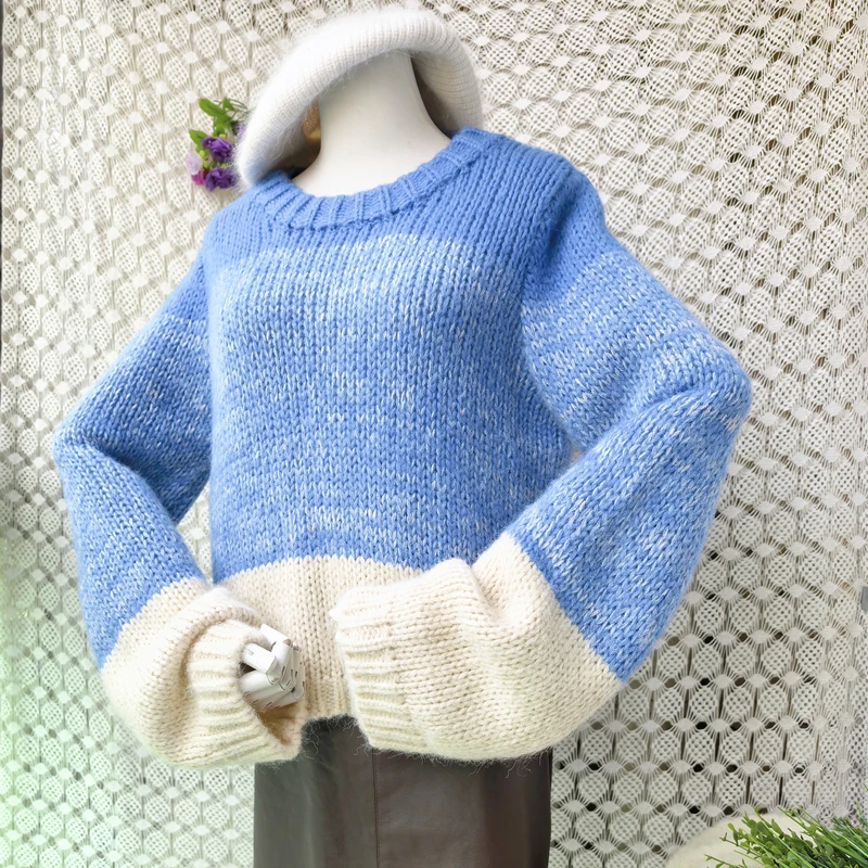 

Ladies Women Spring Autumn Fashion Colored Hairy Mohair Wool Knitted O-Neck Long Sleeves Loose Pullover Sweater Jumper Pull Tops