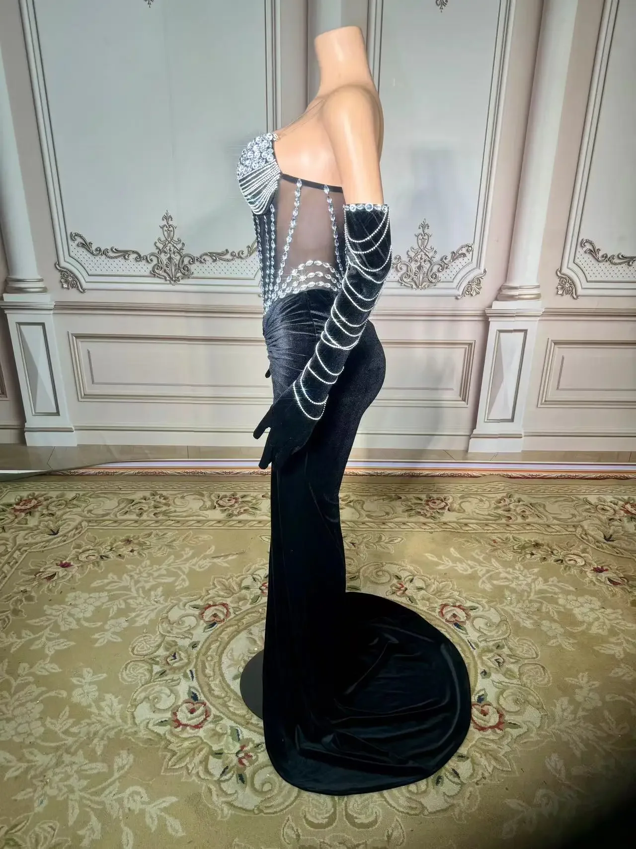 Transparent Mesh Slim Long Sleeve Women Dress Fashion Black Velvet Long Dress  Nightbar Club Party Dinner Wear Stage Costume