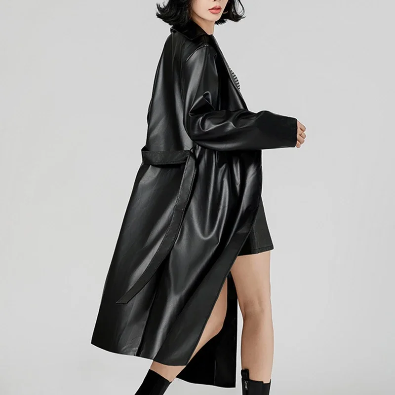 

Punk Faux Pu Leather Long Jackets Women Spring Autumn Black Solid Color Jacket Long Sleeve Woman Fashion Turn Down Collar Coat