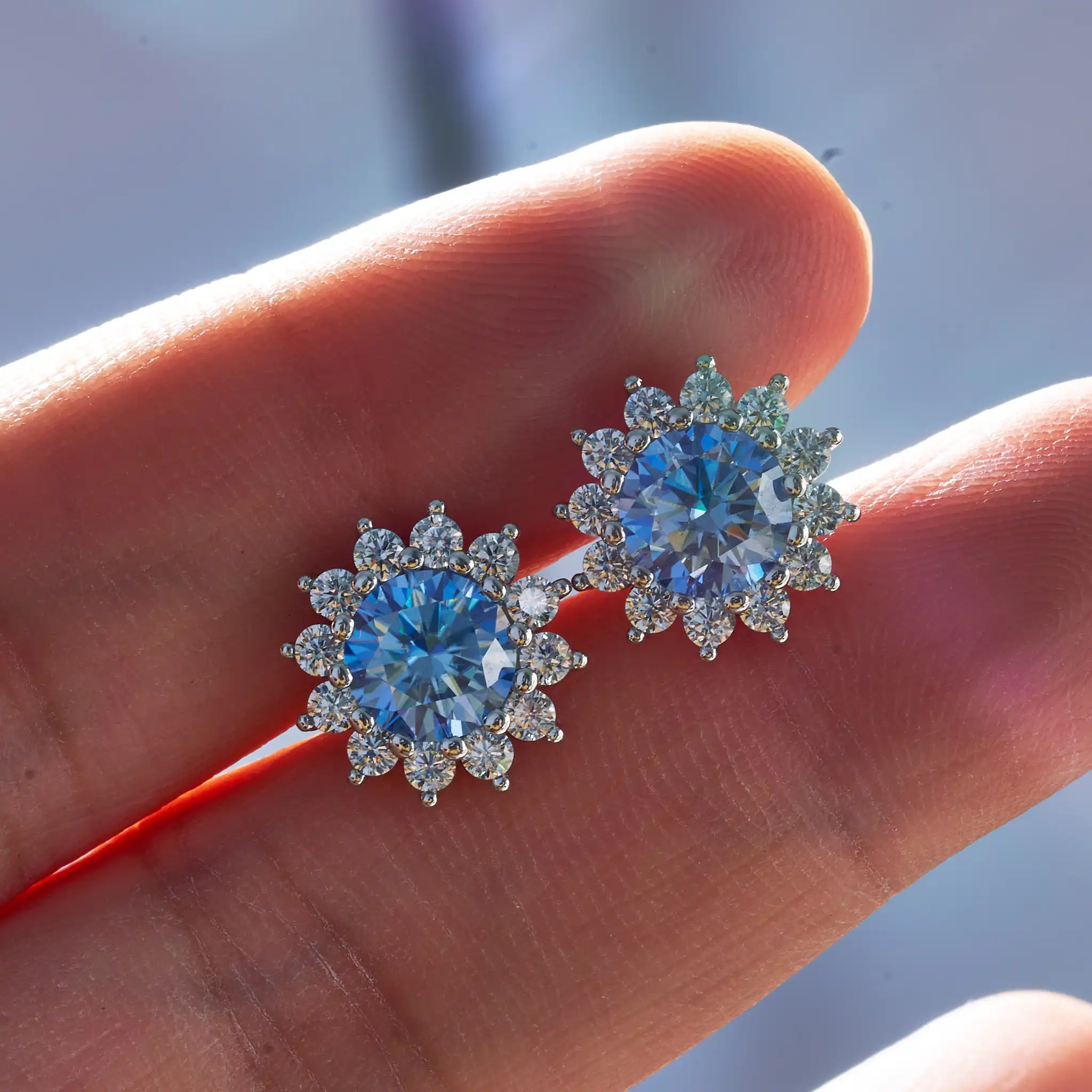 Blue Moissanite Stud Earrings for Women S925 Sterling Silver White Gold Plated Diamond Earring Ear Studs Wedding Fine Jewelry