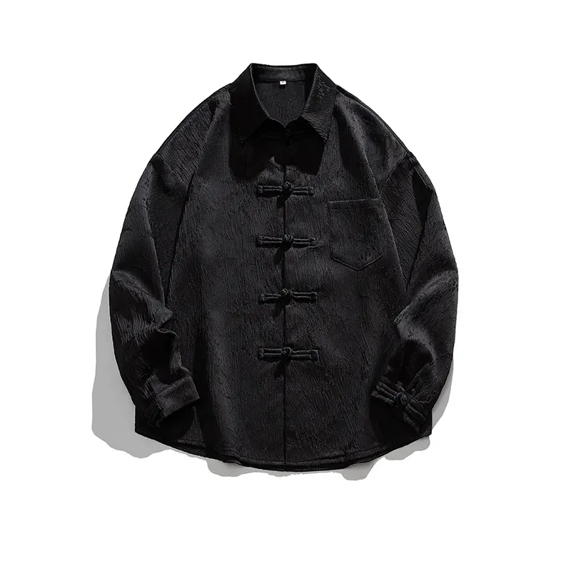Men's Black Textured Mandarin Collar Frog-Button Shirt Oversized Traditional Top - Detail 1