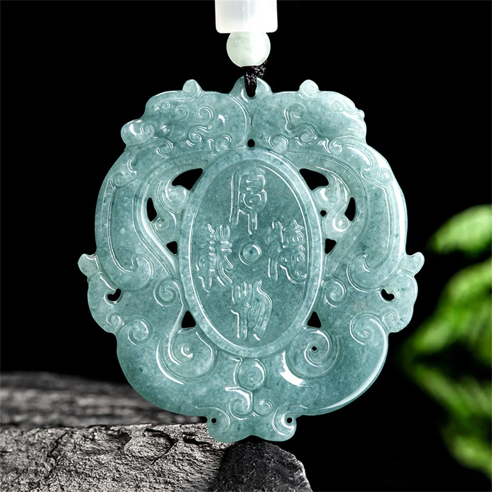 Retro Natural Green Jadeite Carved Chinese Double Dragon Hollow Fortune Pendant Amulet Necklace Certificate Luxury Jade Jewelry