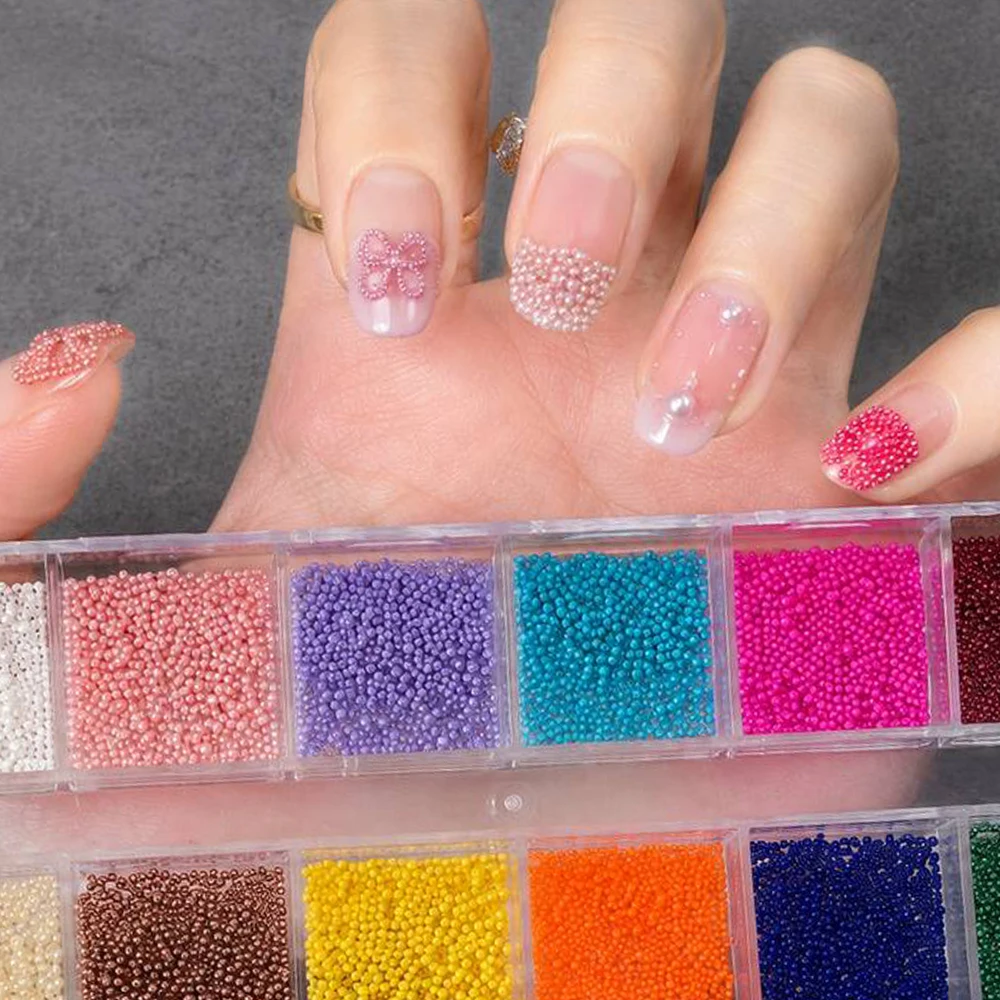 12 Grid Storage Box Multicolor Tiny Caviar Micro Beads Shiny Round Nail Metal Ball Charms Handmade Nail Ornaments