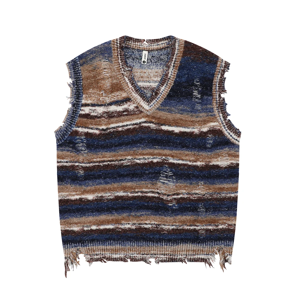 Japanese Vintage Striped Spliced V Neck Ripped Vest for Men Chaleco Hombre Baggy Y2K Casual Sleeveless Knitted Sweater Oversized