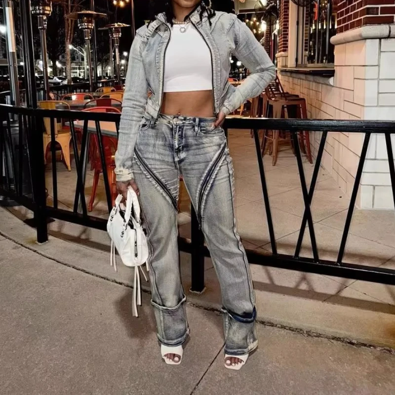 Denim Jacket Suit Women Streetwear Two Piece Sets Coat Zipper Pants Set Straight Jeans Washed Stretch Y2k 2026 Mom Jeans