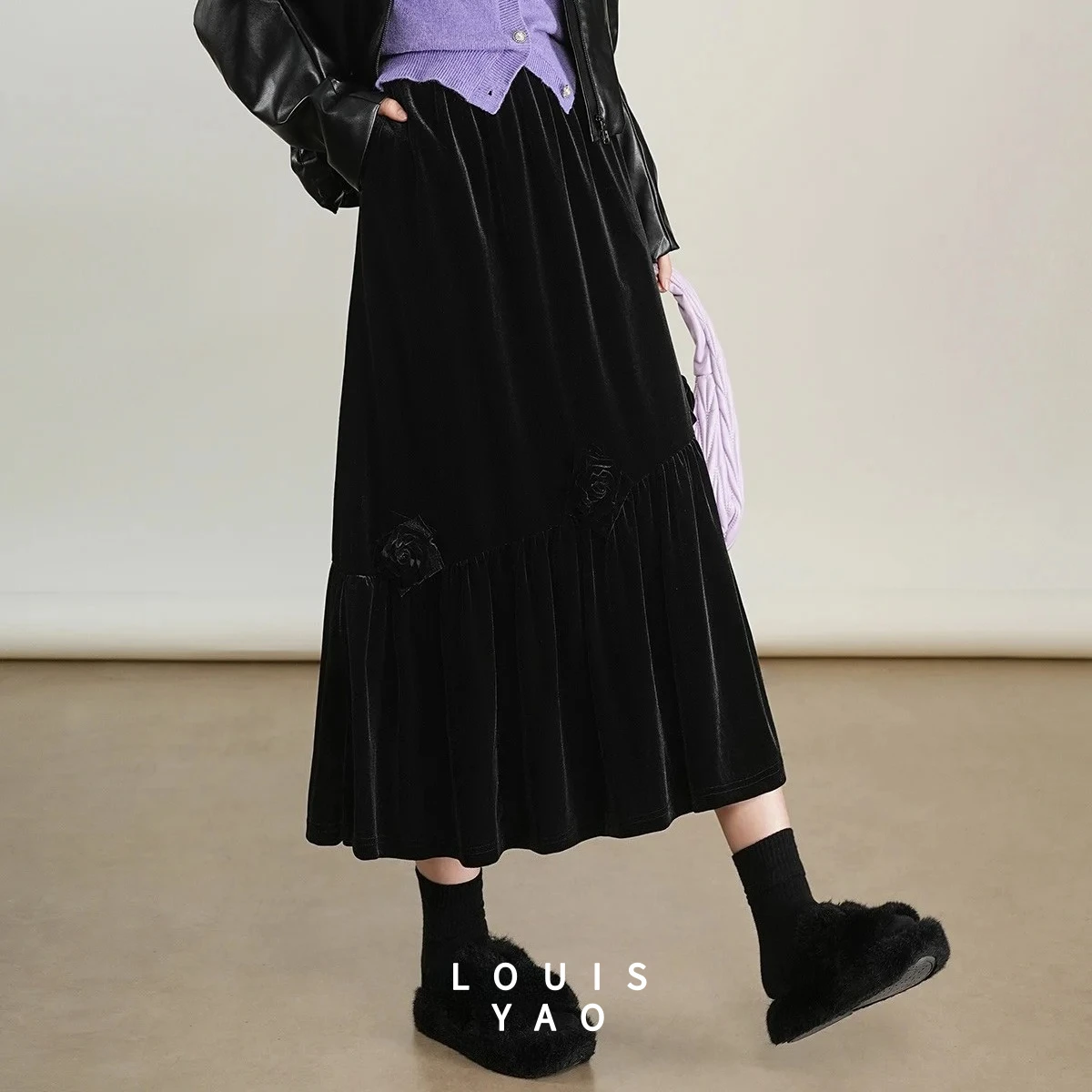 Louisyao moda veludo meia saia longa feminina 2025 outono/inverno flor cintura elástica design original retro saia