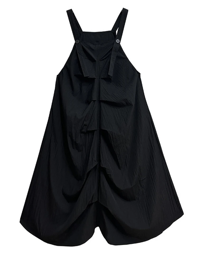 [EAM] Women Black Pleated Big Size Casual Strap Dress New Square Collar Sleeveless Fashion Tide Spring Autumn 2024  1DH5849