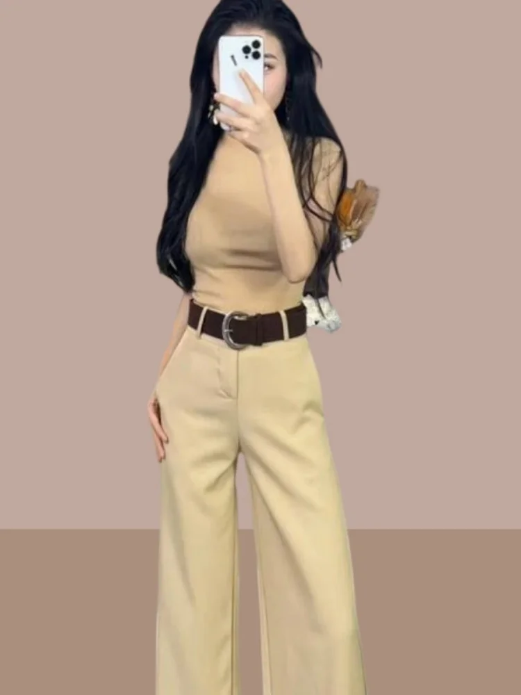 Khakifarbener Anzug mit hoher Taille und weitem Bein für Damen, 2025, neuer Herbst, lockere, schlankmachende, faionable, gerade Freizeithose