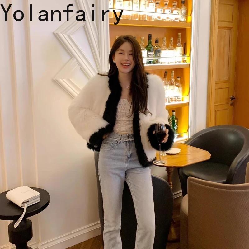 

YOLANFAIRY autumn and winter Fox fur coat Round-neck long-sleeved woven black and white contrasting short style шуба 2025