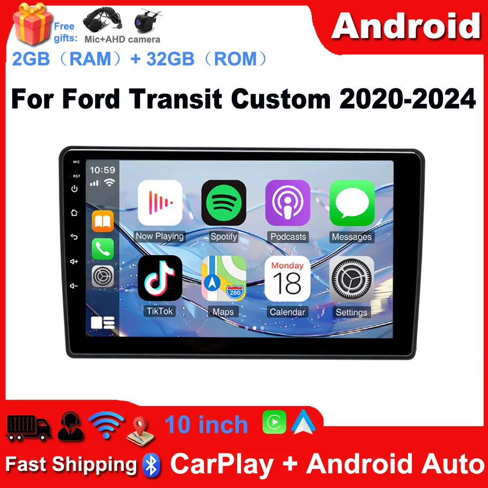2+32G 10in Car Stereo for Ford Transit Custom 2020-2024 with CarPlay Android Auto GPS Navigation Android 14 Car Radio with 10in Touch Screen FM/RDS Bluetooth Wifi SWC Split Screen + AHD Backup Camera