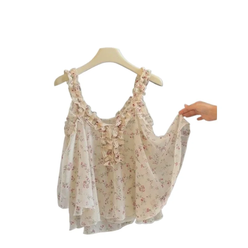 French V-neck Fungus Edge Floral Sling Vest for Women's Summer New Age-reducing, Refreshing, Meat-covering and Thin Shirt Top