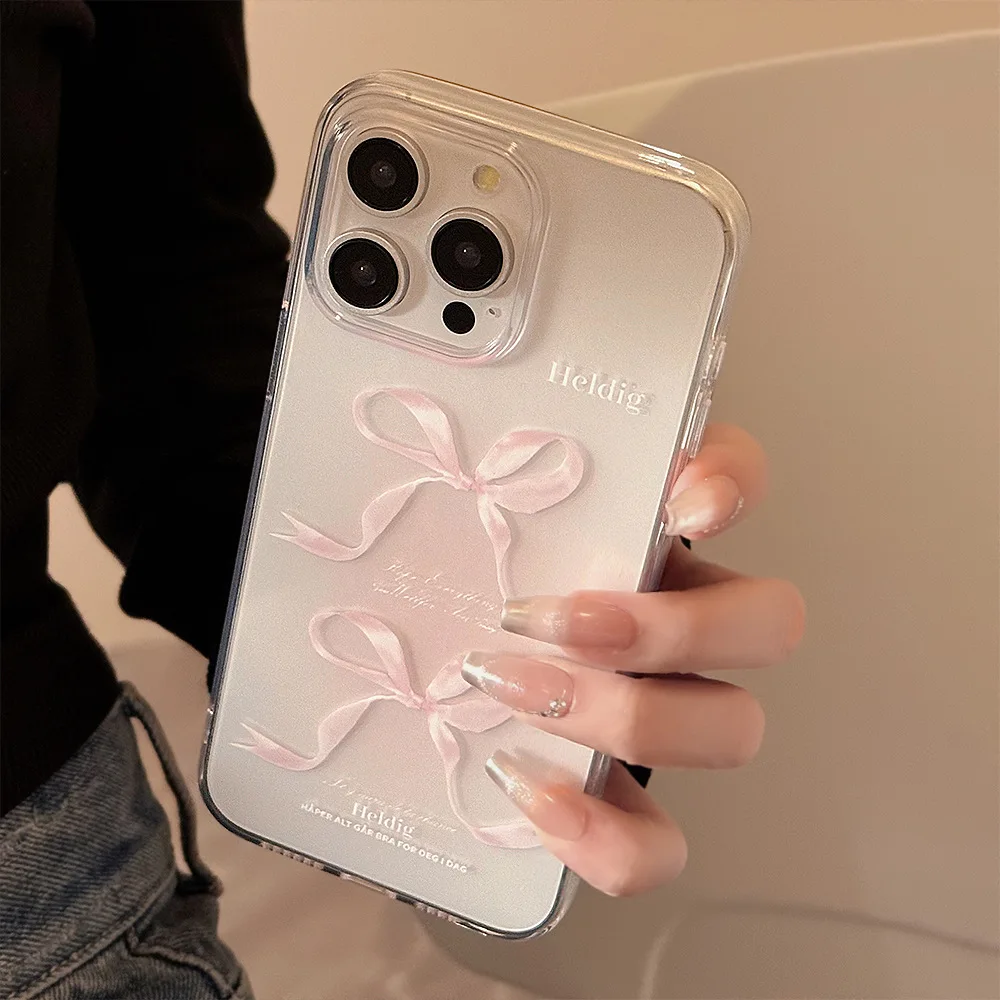 Cute Sweet Girl Pink Bow Phone Case For iPhone 16 15 14 13 12 11 Pro Max X XS XR 7 8 Plus Clear Soft Silicone Shockproof Cover