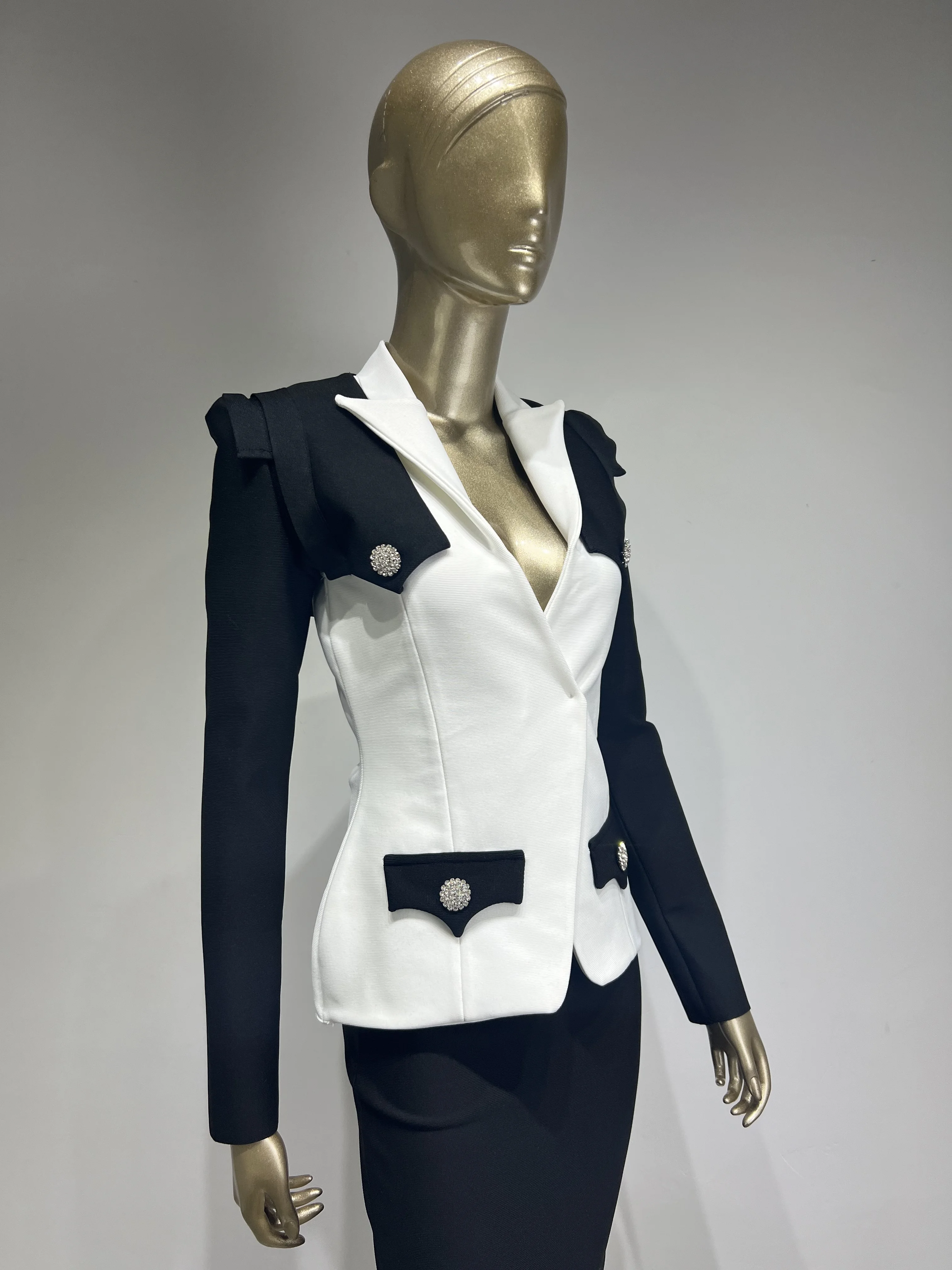 Runway Winter Sexy manica lunga bottone nero bianco donna fasciatura cappotto 2024 High Street Celebrity DNight Club Party giacche