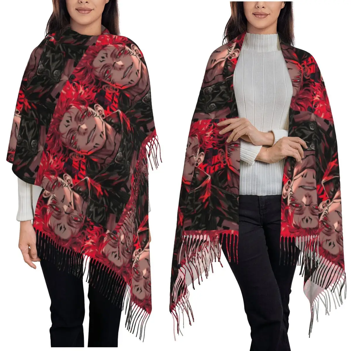 

Крутой аниме Sukuna Jujutsu Kaisen Манга Шарф Шарфы с кисточками Женские мягкие теплые шали и накидки Длинная осенне-зимняя шаль