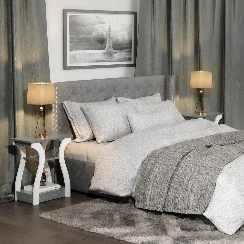 End Tables Living Room Set of 2,Grey End Table with Charging Station,Grey Side Table, Nightstand for Bedroom, 3 Tier End Table