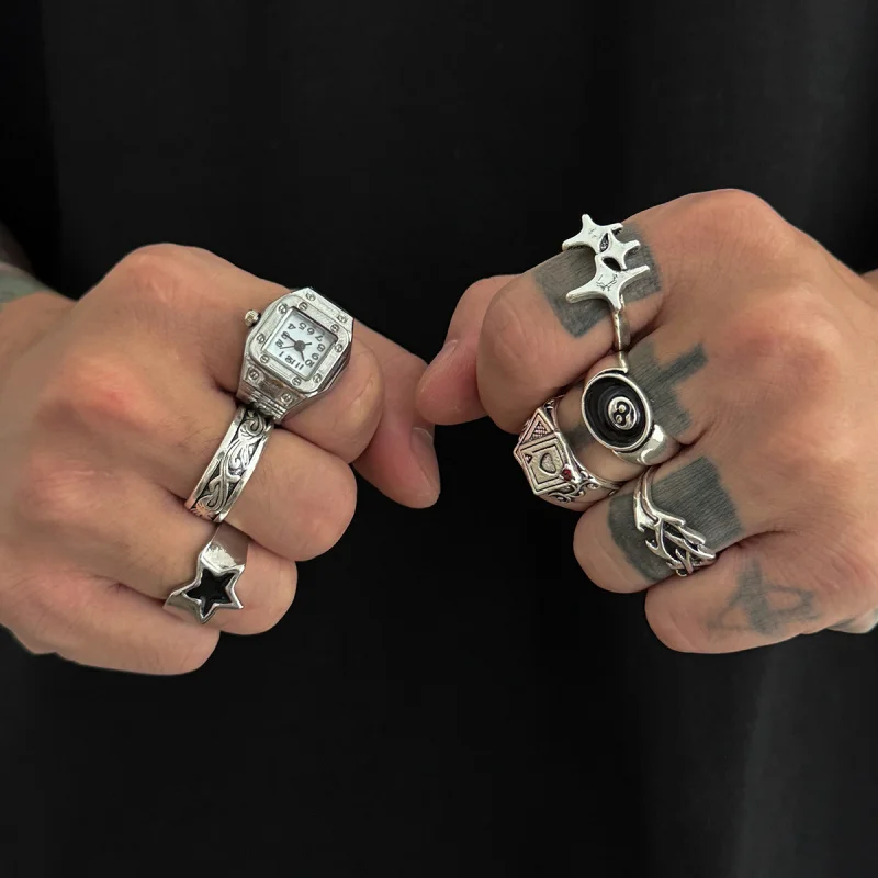 Men’s Hip Hop Watch Shape Ring Set Vintage Poker Pentagram Personality Fashion Finger Jewelry