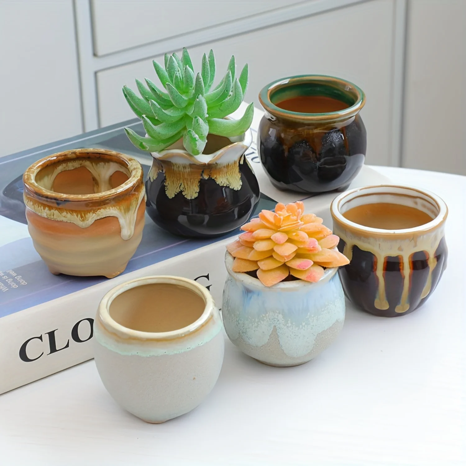 6pcs, Mini Flow Glazed Flower Micro Landscape Bonsai Flower Pot, Thumb Pot, Succulent Plant Pot, Ceramic Rough Ceramic Drainage