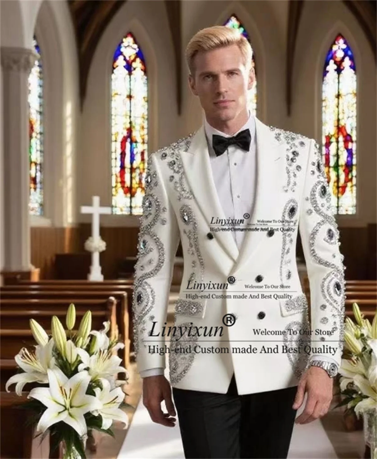 

Sparkly Metal Embellished Men Suits 2 Pieces Sets Slim Party Prom Blazer Customized Costume Homme Double Brasted Groom Tuxedos