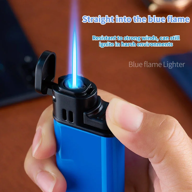 Simple and Atmospheric Straight Blue Flame Lighter Gas Lighter Press Ignition Windproof Cigarette Accessories Igniter