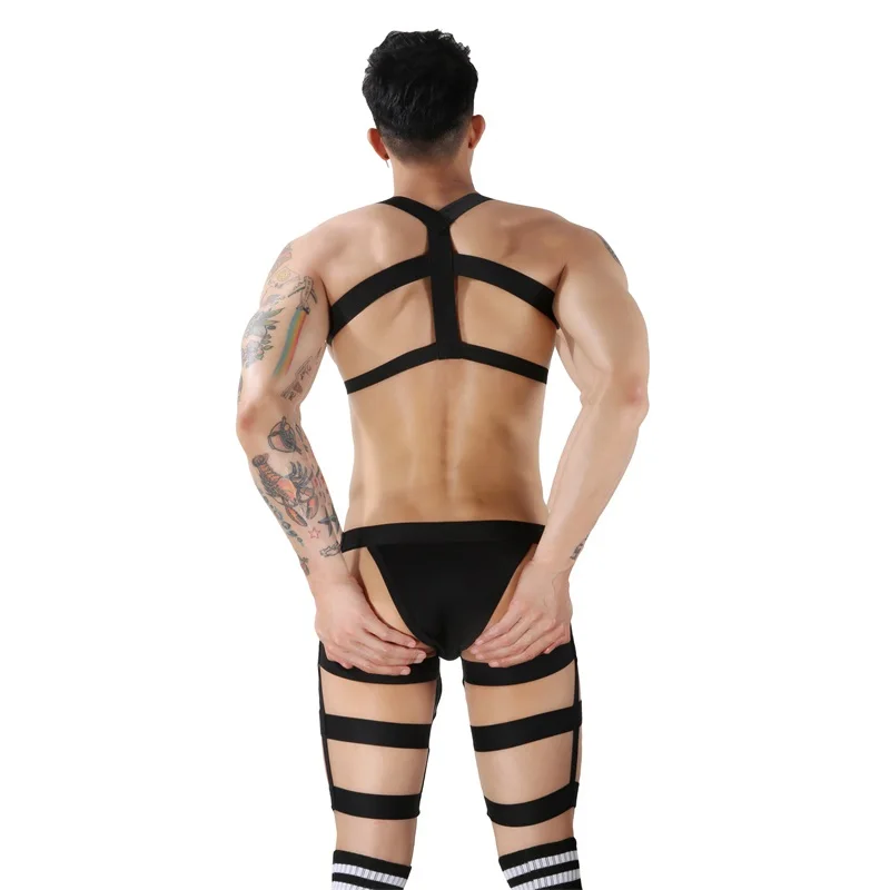 Sujetador Sexy para hombre, suspensorio hasta el muslo, calzoncillos con cinturón de vendaje, disfraz fetiche erótico masculino, lencería con tirantes, medias con arnés para el cuerpo