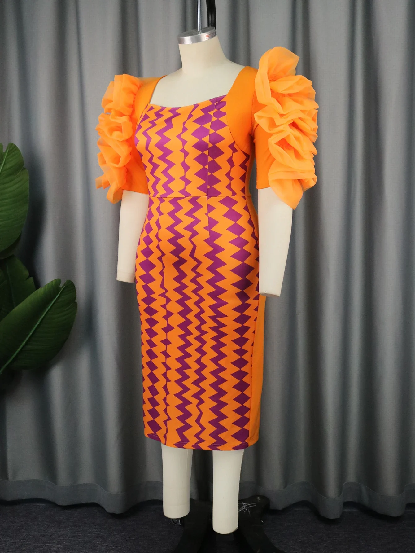 Vrouwen Oranje Bedrukte Bodycon Jurken Tuttle Ruffle Mouw Zomer Midi Jurk Plus Size Avond Cocktail Party Korte Jurken 4xl