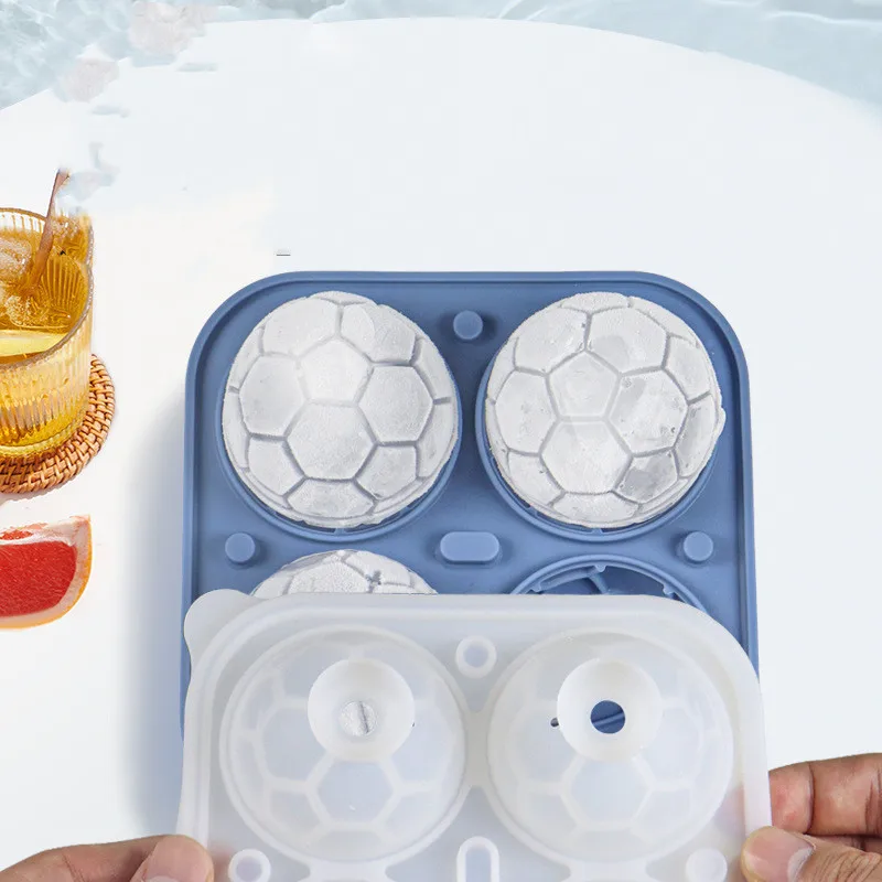 4Grids Silicone Ice Grid Football Ice Cube Mold With Cover Large Ice Cube Maker For Whiskey Cocktails Kitchen Bar Tool Accessory
