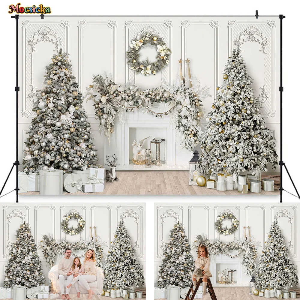 

Photography Background White Fireplace Wall Retro Backdrop Xmas Tree Gift Box Wreath Decor Winter Kids Family Photo Studio Booth