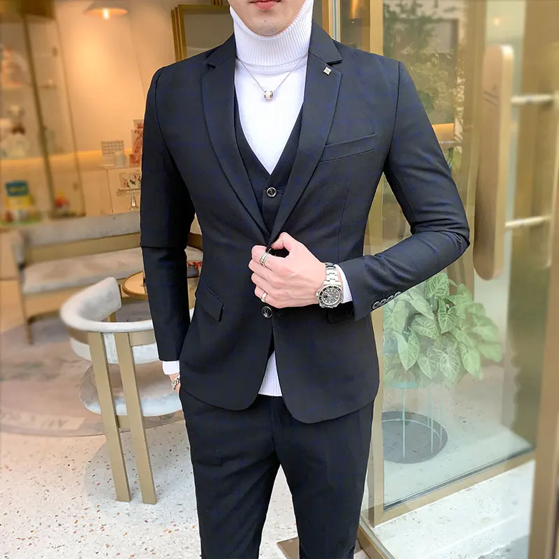 Men Dress Blazers Pants Vest 3 Piece Set / Male Wedding New 2023 Autumn Business Formal Plaid Suit Luxury Slim Fit Coat Trousers