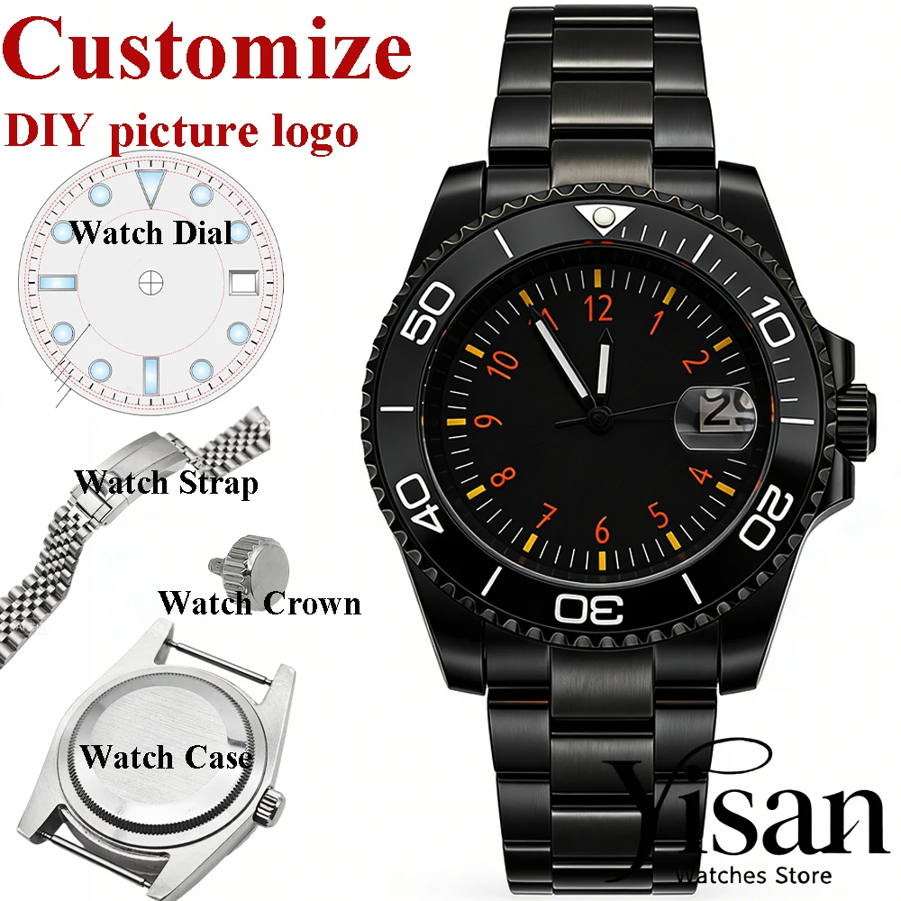 

Часы с индивидуальным логотипом, 40 мм, черные, с зеленым люминесцентным сапфировым стеклом, механизм NH35, механические наручные часы, стерильный циферблат, водонепроницаемость 10 бар.