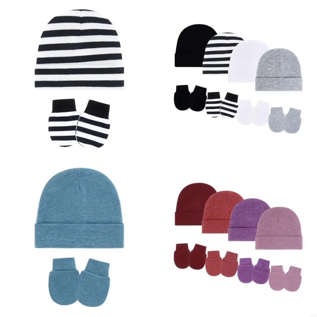 

581F Set of 1 Elastic Infant Fetal Hat with Matching Mittens Soft Fabric Shower Gift