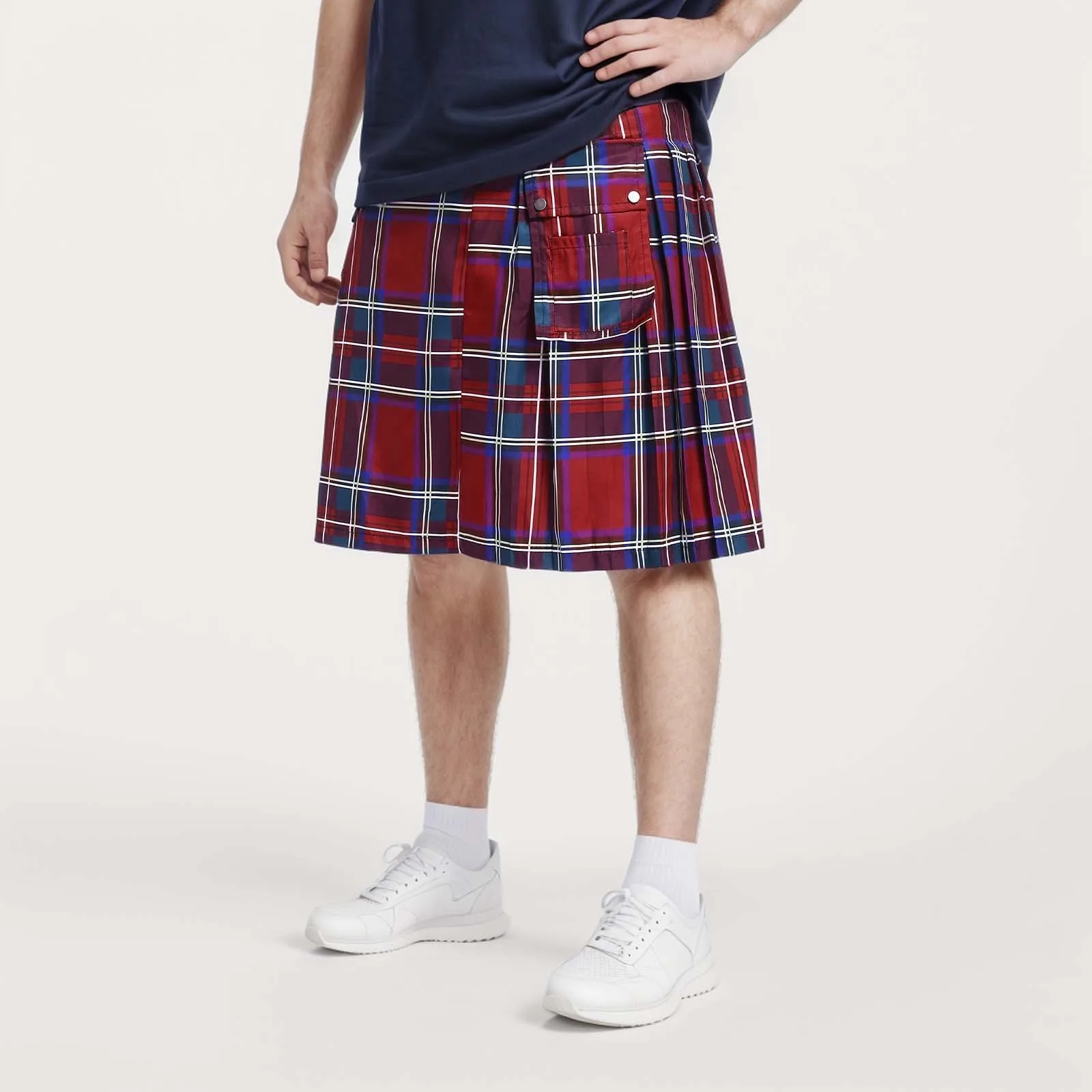 Men Pleated Skirt Scottish Plaid Print Fashion Contrast Color Pocket Ethnic Ruffle Cosplay Gothic Punk Plus Size A-Line Kilt