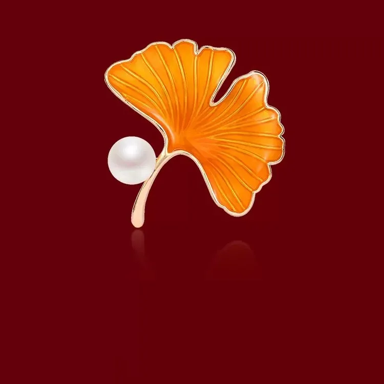 Hanfu Guochao Sterling Silver Brooch Women's Apricot Leaf Pin Painted Enamel Craft Bead-Inlaid Cheongsam Elegant Mother's Tassel