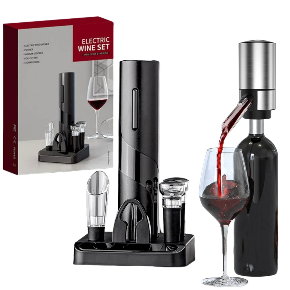 Electric Wine Opener Stainless Steel Set Electric Wine Bottle Corkscrew Electric Wine Aerator Foil Cutter and Stopper