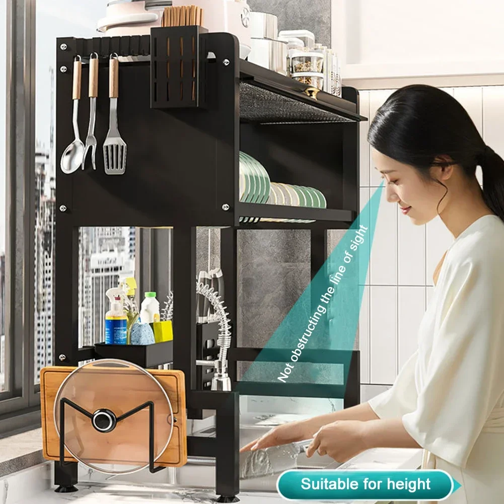 Kitchen Storage Cabinet Steel Over The Sink Dish Drying Rack 3-Tier Utensil Cup Holder Large Over The Sink Dish Rack with Cover view 3