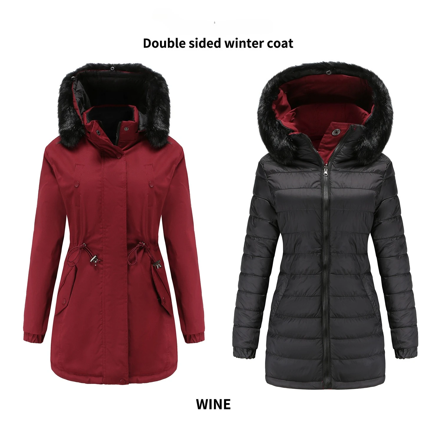 Womens winter jacket Coat Woman Parka Coats Female Double Sided Warm Cotton Jacket Detachable Cap Zipper Thick Cotton Fur Collar