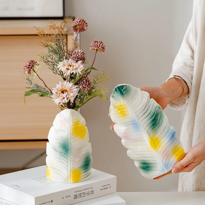 CAPIRON Modern Ceramic Vase with Banana Leaf Pattern Colorful Abstract Glaze Artistic Home Office Bookshelf Decorative Tabletop
